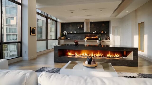 Modern living room design with large windows and open layout in urban setting, showcasing furniture and decor choices