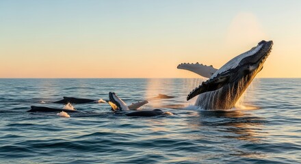 Fototapeta premium Whales breaching in the ocean at sunset. The marine mammal concept of wildlife and nature. The animal kingdom of aquatic life.