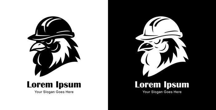 Logo design in the shape of a chicken head wearing a project helmet