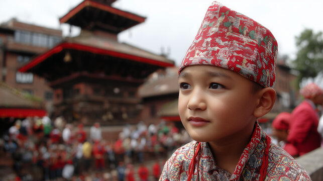 Indra Jatra Festival, Young Participant Wearing Traditional Hat at Indra Jatra Festival with Temple and Crowd in Kathmandu