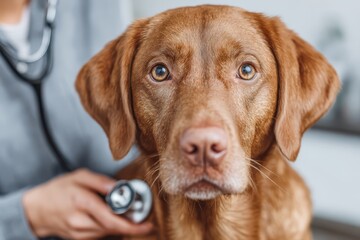 Close-up portrait of a brown dog getting a check-up at the vet clinic with a stethoscope, ensuring its health and well-being with professional medical examination.
