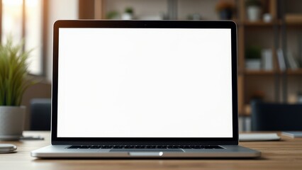 Fototapeta premium laptop with blank screen on table indoor workspace scene concept of technology business, digital marketing, freelance work