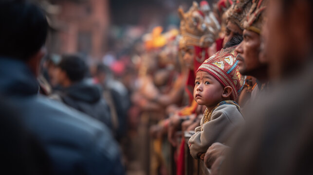 Indra Jatra Festival, Young Child Watching Indra Jatra Festival Ritual with Wonder Amid Sacred Celebration Crowd in Kathmandu