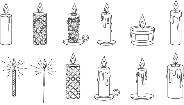 Burning candles outline icons vector set with wax candlelight and sparkler line art illustration