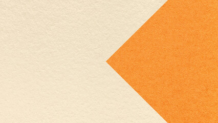 Fototapeta premium Textured light cream paper background with orange arrow, macro. Template with copy space for banner, presentation