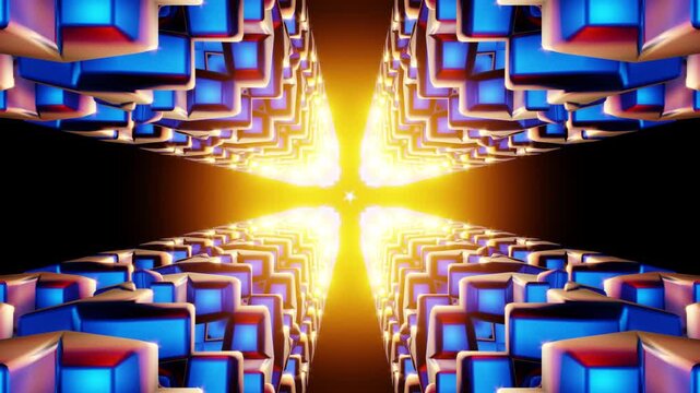 Golden core kaleidoscope VJ loop with rotating neon cube tunnels and glow