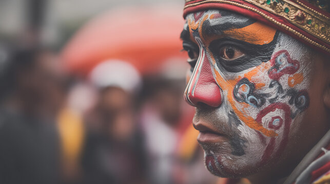 Indra Jatra Festival, Close-Up Portrait of Indra Jatra Festival Face Painting Showing Sacred Newari Symbolism and Cultural Expression