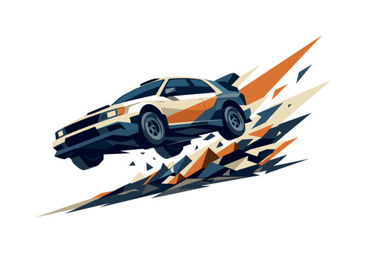 Low-poly vector illustration of a rally car accelerating into the jump, dynamic diagonal composition with the car lifting from