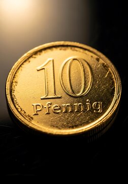 Golden coin with value 10 Pfennig rests on a dark surface.
