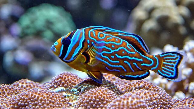 Vibrant Mandarinfish resting on colorful coral in clear ocean water