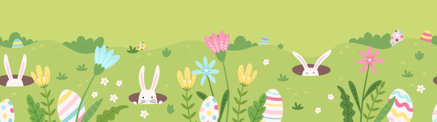 Naklejka premium Cute Easter Egg hunt design, hand drawn with cute bunnies, eggs and decorations - great for invitations, banners, wallpapers - vector