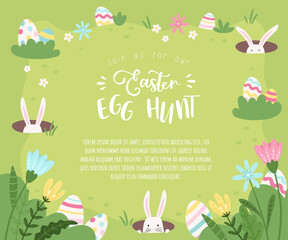 Naklejka premium Cute Easter Egg hunt design, hand drawn with cute bunnies, eggs and decorations - great for invitations, banners, wallpapers - vector