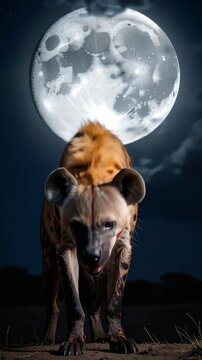 Spotted Hyena Howling at Full Moon in African Night.