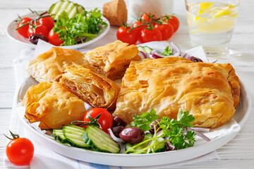 close-up of sliced Bougatsa phyllo pastry with minced meat on white plate with red onion, olives and cherry tomatoes, cucumbers, Greek cuisine, horizontal view, not AI generated