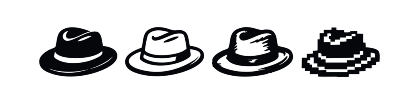 Fedora Hat Icon Set in Various Styles: Solid, Outline, Distressed, and Pixel Art on White Background