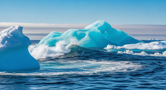 Majestic blue iceberg floating in the ocean with breaking waves under a clear sky, arctic nature scene.