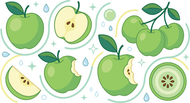 Green apple fruit set with whole bitten sliced and half cut pieces fresh healthy food collection for juice packaging and grocery design.