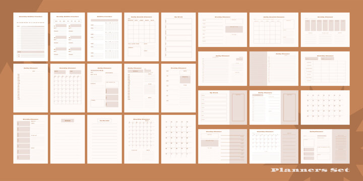 Set of minimalist monochrome abstract planners. Daily, weekly, monthly planner template. Blank printable vertical notebook page with space for notes and goals