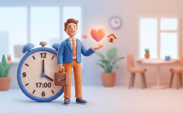 クレイアニメ風の大きな時計とワークライフバランスを実現するビジネスパーソン（時短勤務・退勤・働き方改革）