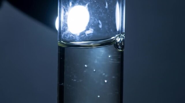 Close up of bubbles forming in a test tube with liquid.