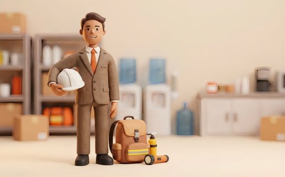 クレイアニメ風のヘルメットと防災グッズを備えるビジネスパーソン（BCP・事業継続計画・防災）