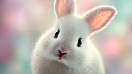 A close-up portrait of a cute white rabbit with pink ears and a blurred colorful background