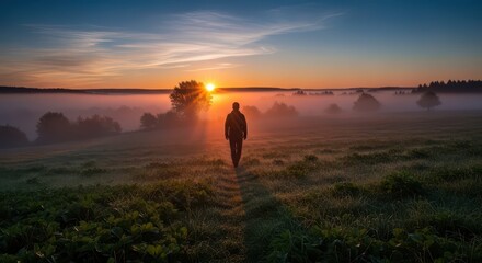 Obraz premium Solitary figure walks across a dew-covered field toward a brilliant rising sun obscured by mist.