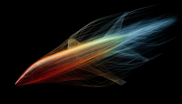 Glowing lines visualize airflow patterns around a sleek hypersonic glider model against a black background, showcasing aerodynamic principles and advanced aerospace engineering