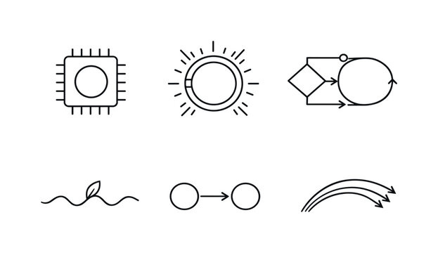 Line style icons of event-driven compute units: dormant core plate, activation pulse ring, conditional-processing loop,