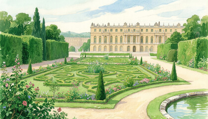 Obraz premium Tranquil Garden View with Elegant Architecture and Lush Flora