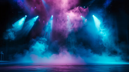 鮮烈なマゼンタピンクと深いブルーのスポットライトが複雑に交差して立ち込める霧を鮮やかに彩るライブステ