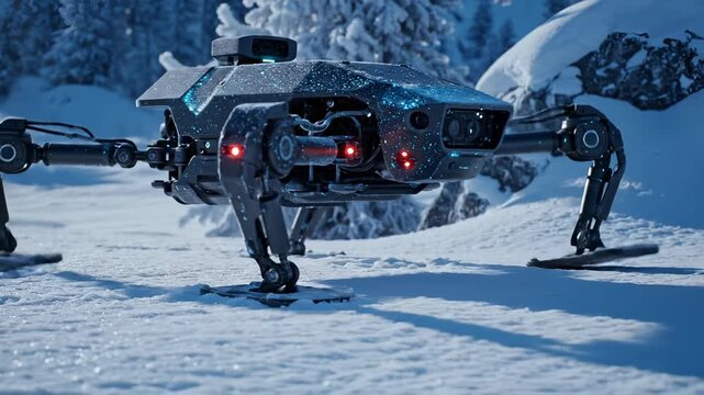 Robot dog walks through snow in winter forest terrain. Robotic quadruped explores snow with AI technology. Robot moves in winter landscape. Dog robot walks on snowy ground near forest trees.