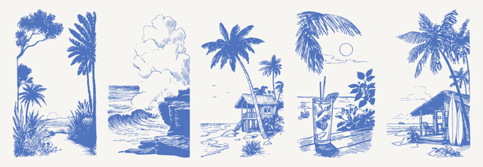 Fototapeta premium Sunny seaside sunset vintage hand drawn crayon sketch. Drawing line illustrations show waves, palms, cocktails, umbrella beach and tropical plants. Retro vacation.