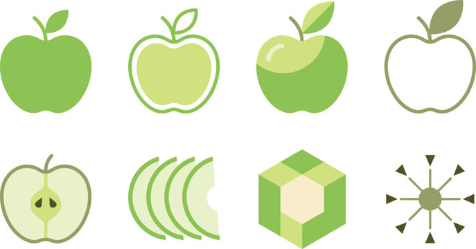 Green apple icon set with whole sliced outline and geometric styles fresh fruit collection for healthy food logo and grocery design projects.