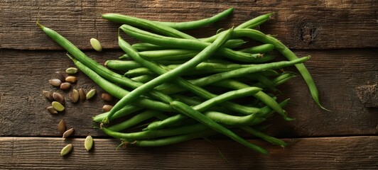 The green beans on a rustic wooden table with scattered pumpkin seeds