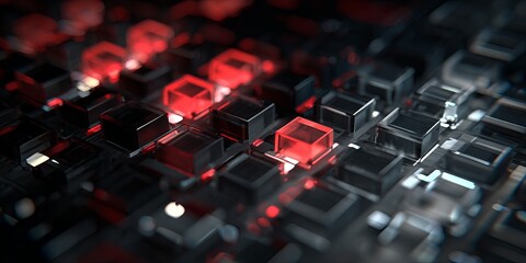 Fototapeta premium Abstract close-up shows a grid of dark cubes with a few glowing red ones. Focus is shallow