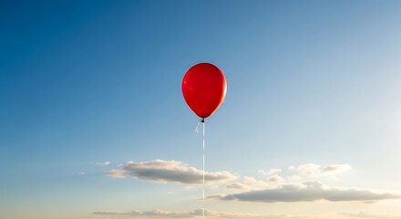 Red Balloon Floating Freely in a Blue Sky with Clouds.