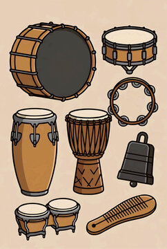 Set of ethnic percussion instruments with conga djembe and drums