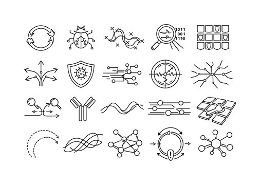 Line vector icons of co-evolving digital viruses and antiviruses: mutation-cycle rings, adaptive malware nodes, signature-evasion
