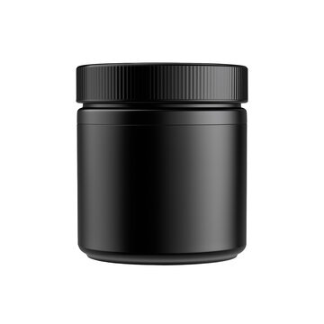 Realistic black plastic jar with screw cap lid for supplement or cosmetic packaging isolated on transparent background.