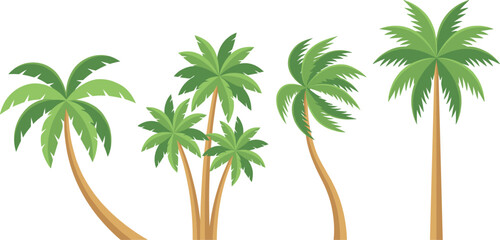 Tropical palm tree collection with curved trunks and lush green leaves beach island plant set for summer travel vacation and paradise design. © MstSuborna