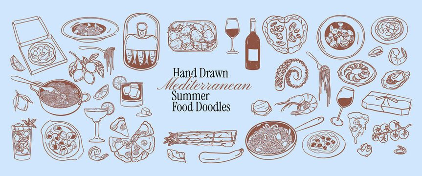 Mediterranean crayon doodle food clip art collection. Hand drawn ink dinner illustration with seafood, pasta, wine, pizza. Doodle brunch or picnic elements for whimsical menu design, poster, stickers.