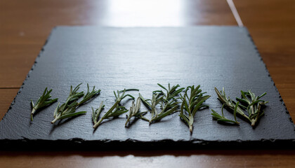 Fresh Rosemary Sprigs Arranged On Dark Slate Surface Natural Side Lighting Sharp