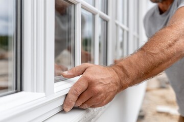 Close-up shot shows construction worker installing a new white window frame, showcasing craftsmanship and attention to detail with quality and durability in the process.