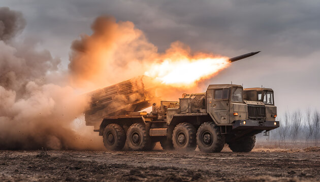 Heavy army military forces rocket launcher vehicle firing a missile with smoke and fire on the battlefield. Powerful mobile artillery system engaging in long-range combat operations