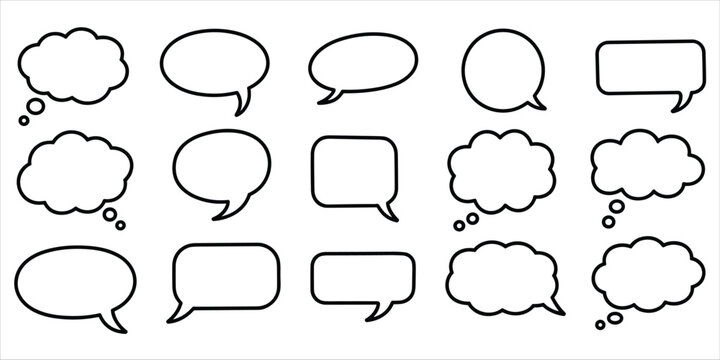 Fifteen Different Speech and Thought Bubbles in Black Outline on White Keywords: speech bubble, thought bubble, comic