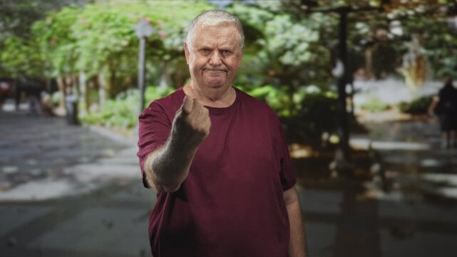 Man in maroon shirt shows middle finger with exposed hand toward camera on a tree lined street with lampposts and pavement; defiance anger.