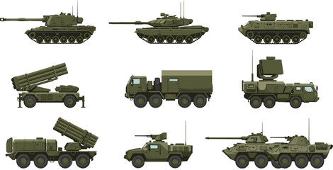 Set of modern military land vehicle vector illustrations featuring battle tanks armored personnel carriers rocket launchers and radar trucks for defense industry © Aminul