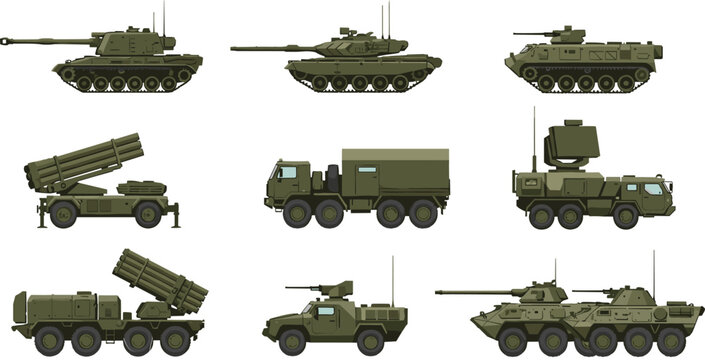 Set of modern military land vehicle vector illustrations featuring battle tanks armored personnel carriers rocket launchers and radar trucks for defense industry