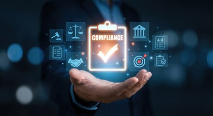 Fototapeta premium Man holding a glowing clipboard with a checkmark and the word 'COMPLIANCE', surrounded by icons representing legal and business standards.